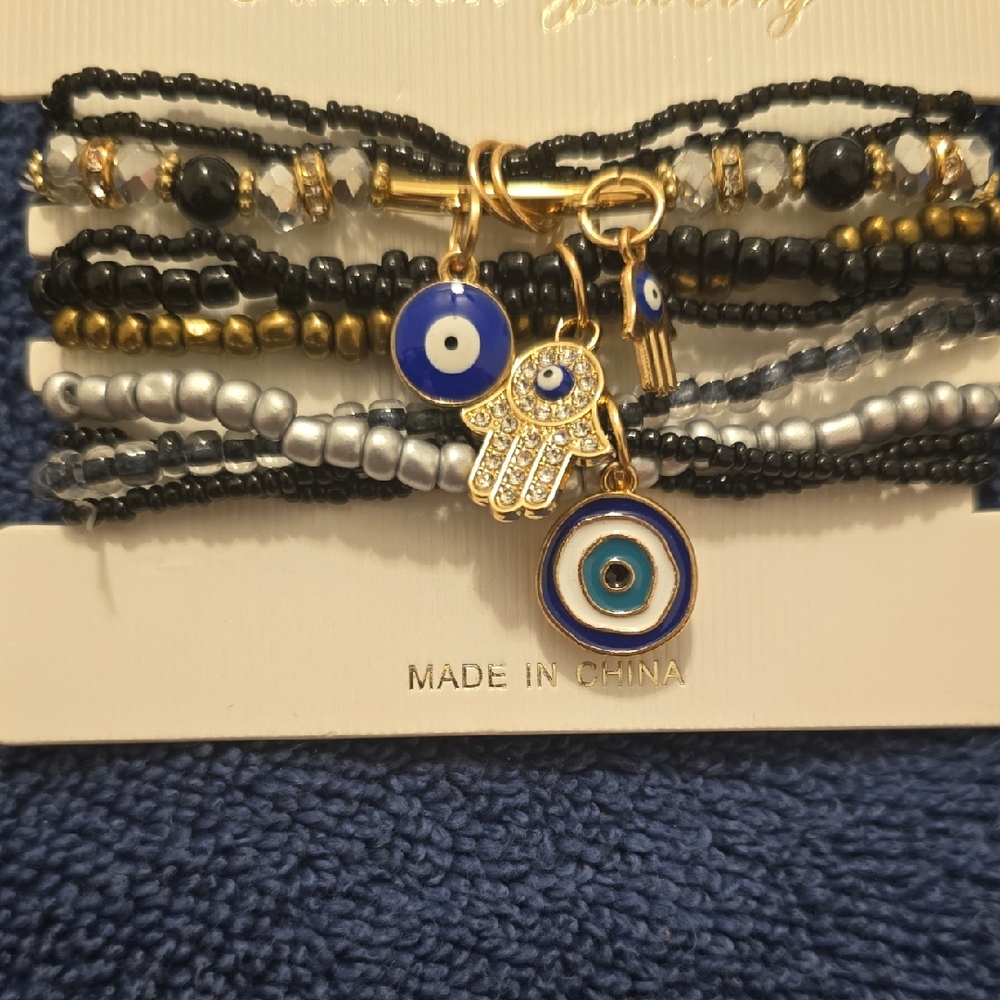 Evil Eye Charm Bracelet Set in Blue and Gold